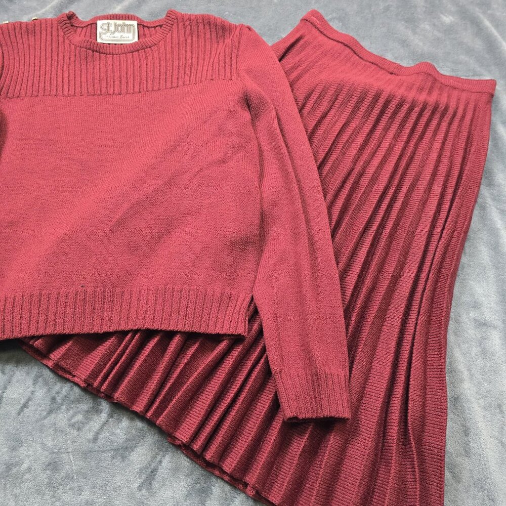 St. John Vintage Red Knit Sweater Pleated Skirt Set Medium - Picture 13 of 16